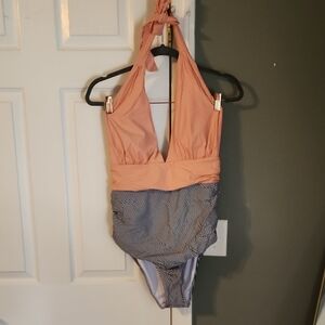 Peach and black and white One Piece halter Swimsuit
